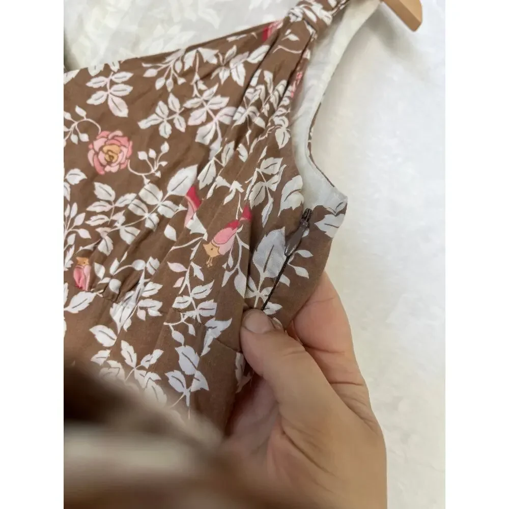 VTG Merona Brown Floral Birds Midi Whimsy Twee Cottage Cotton Dress sz 16 Party - Picture 4 of 10